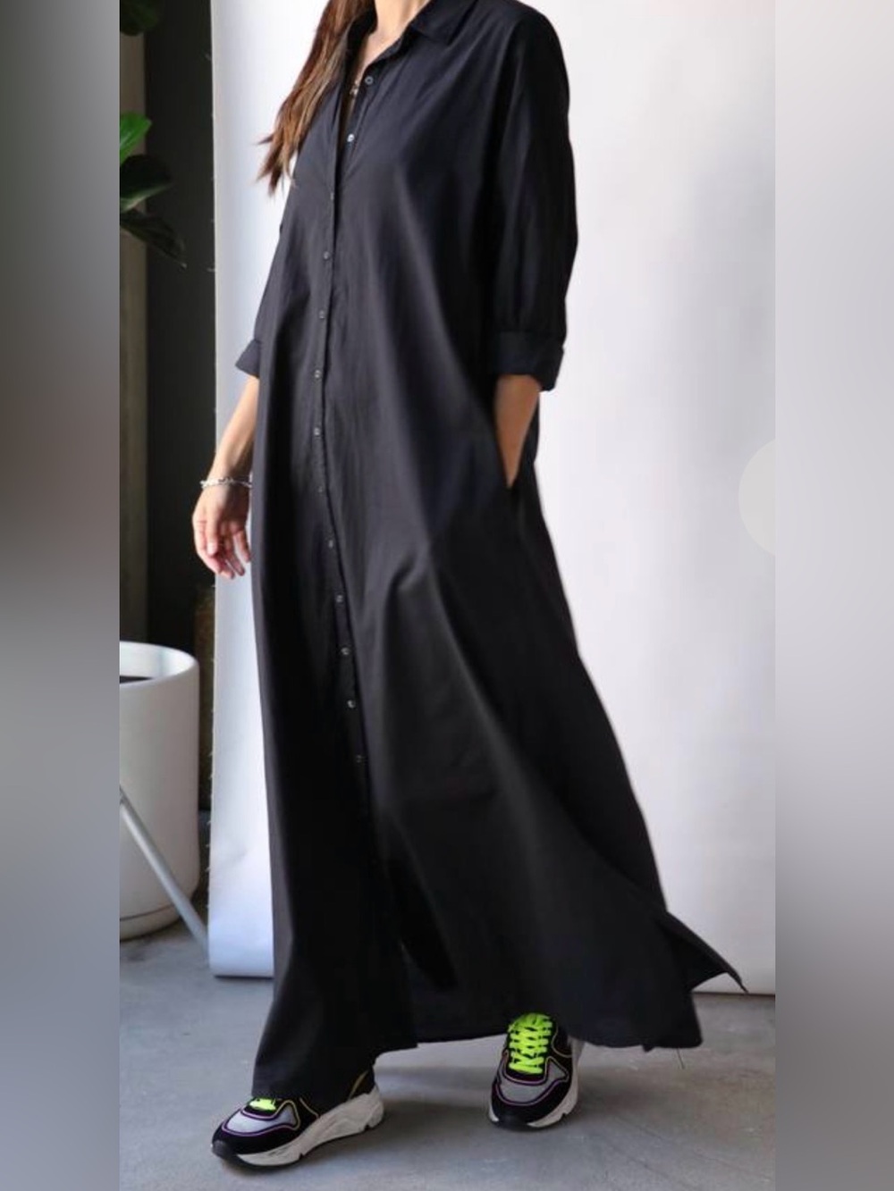 XiRENA Black Long Button-Front Shirt Dress M